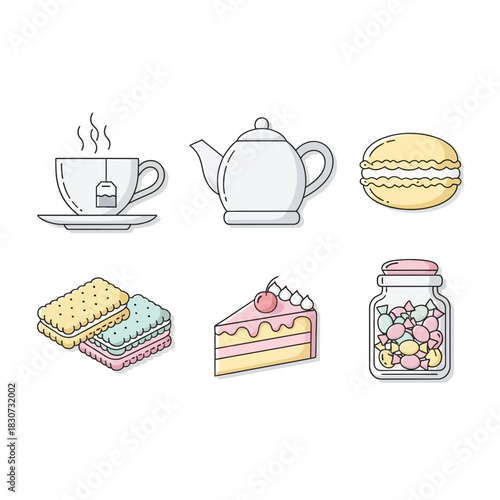 Minimalist dessert illustration showcasing tea, pastry, and sweets collection display