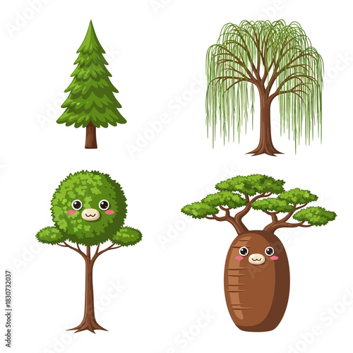 Diverse cartoon tree collection showcases whimsical designs and variations of nature's splendor