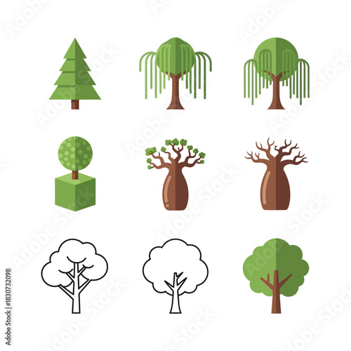 Stylized geometric tree illustrations presenting varied shapes and species representation for