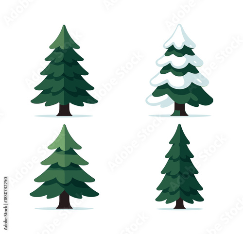 Evergreen tree collection, flat vector illustration, pine, snow, coniferous