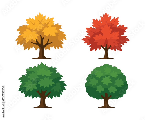 Autumn and spring trees, flat vector illustration, seasonal foliage variation