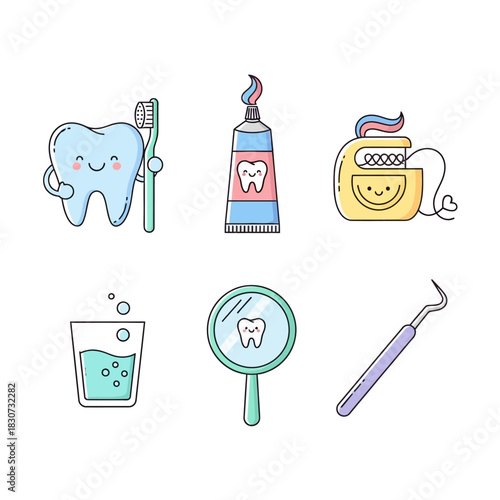 Delightful dental care essentials and hygiene icons for a bright and healthy smile presentation