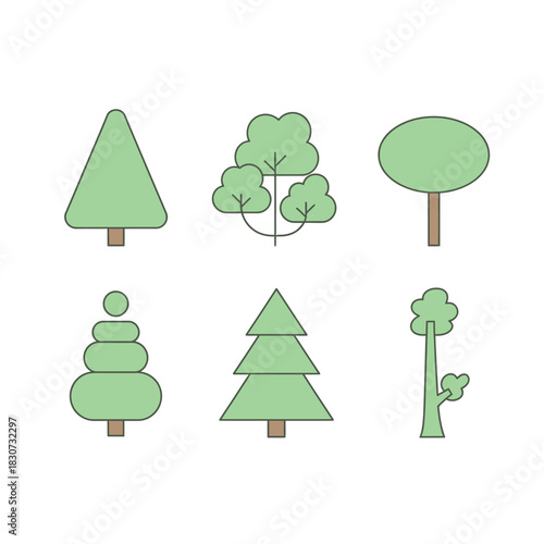 Collection of stylized tree illustrations in simple shapes showcasing arboreal diversity