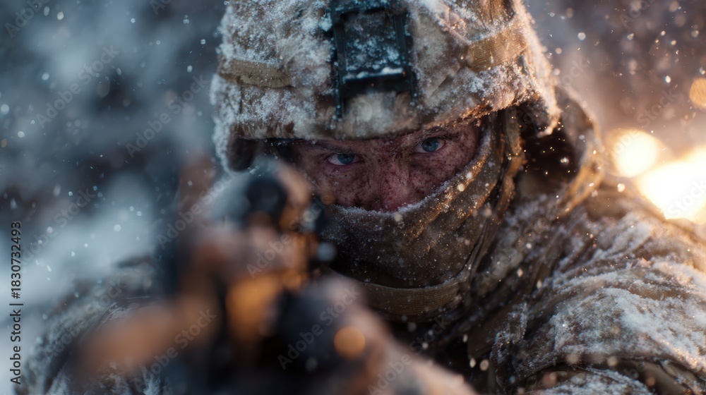 Obraz premium A close-up of a soldier bracing the harsh winter battlefield, wearing camouflage gear and focusing intensely, embodying courage and resilience in a freezing environment.