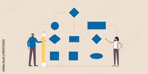 Business professionals collaborating on a flowchart and process diagram