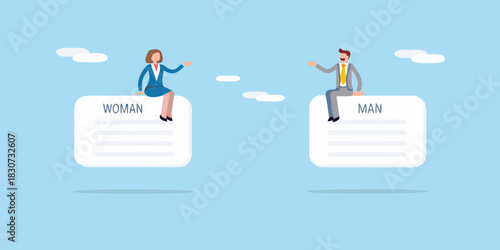 Man and woman sitting on separate clouds discussing ideas