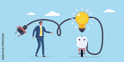 Businessman connects a light bulb to a robot for new ideas
