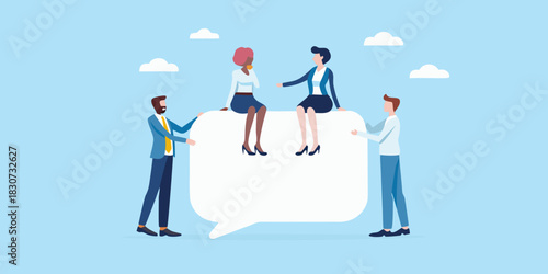 Diverse group of business people discussing ideas on a giant speech bubble