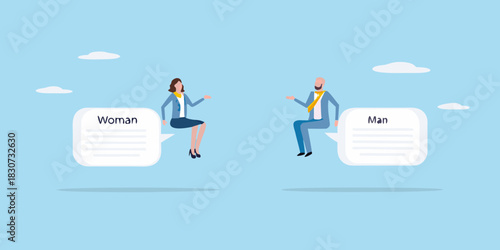 Man and woman in business attire communicating through speech bubbles