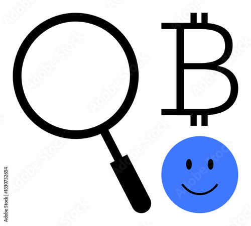 Bitcoin search concept. Magnifying glass, Bitcoin symbol, and a happy icon illustrate cryptocurrency search. Bitcoin exploration for finance, blockchain, digital assets, and market trends