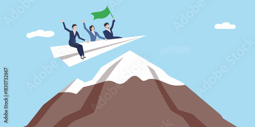 Team flying on paper airplane over mountain peak celebrating success
