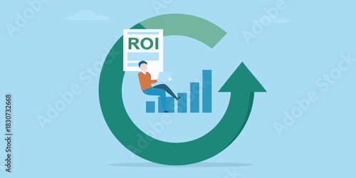 Man with laptop analyzes roi and growth chart with upward arrow