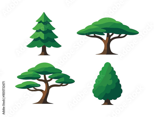 Tree collection, pine, oak, cypress and bonsai, flat vector illustration