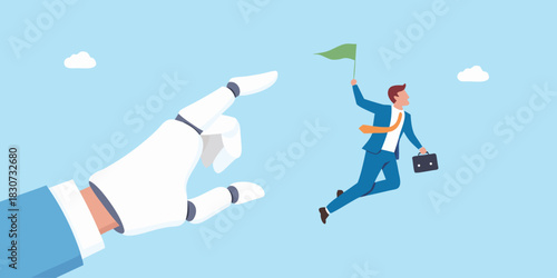Robot hand pointing at businessman holding a flag in the sky