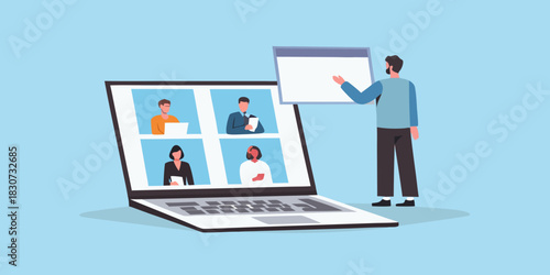 Man presenting during a video conference meeting with colleagues on a laptop