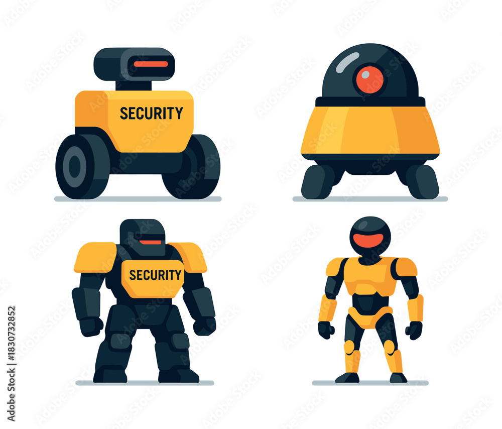 Fototapeta premium Security robots, automation, technology, flat vector illustration