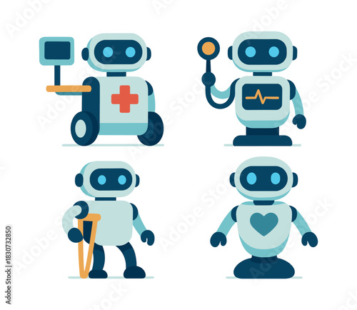 Healthcare robot collection, health and medicine, flat vector illustration