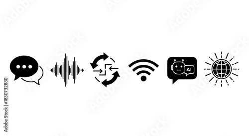 Communication Technology Icons Speech, Sound Waves, Data Flow, WiFi, AI, and Global Connection
