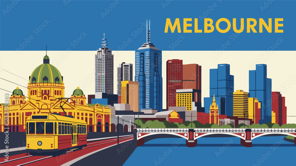 Fototapeta premium Melbourne skyline illustration featuring iconic tram, architectural landmarks, and bridge, in vibrant blue and yellow colors