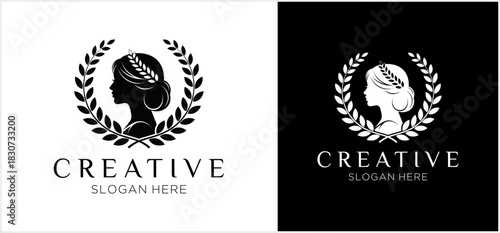 Elegant logo design featuring a woman's silhouette framed by a laurel wreath, in both black and white variations.