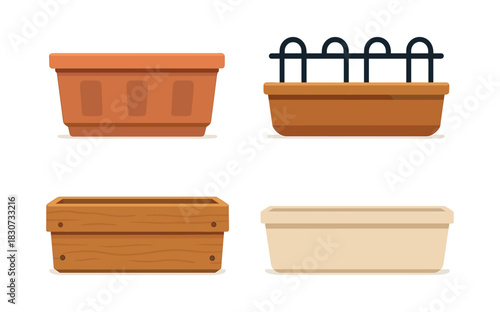 Garden planter pots, flat vector illustration of containers and flower boxes