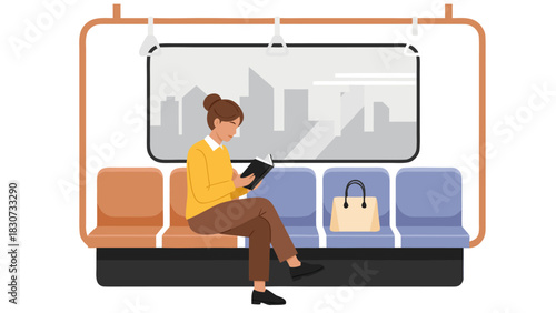 A female passenger enjoys reading a book while traveling on a city subway train, with a modern urban skyline in the window. ff