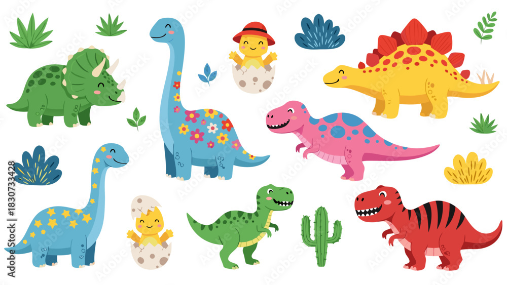 Naklejka premium Charming Cartoon Dinosaurs Set Playful Illustration of Various Dino Species, Hatchlings, and Jungle Plants