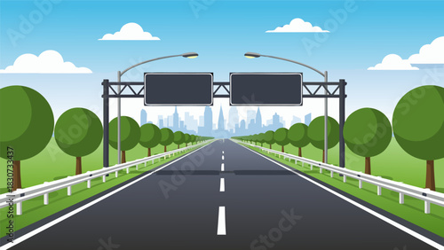Scenic Highway Illustration with Cityscape Background and Lush Greenery