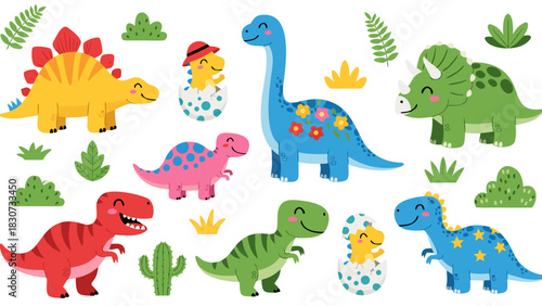 Cartoon Dinosaurs with Floral and Greenery A Cheerful Prehistoric Collection