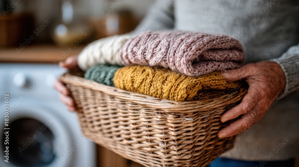 Obraz premium A person holds a basket filled with beautifully layered knitted blankets. The soft textures and warm colors evoke a sense of comfort and home relaxation.