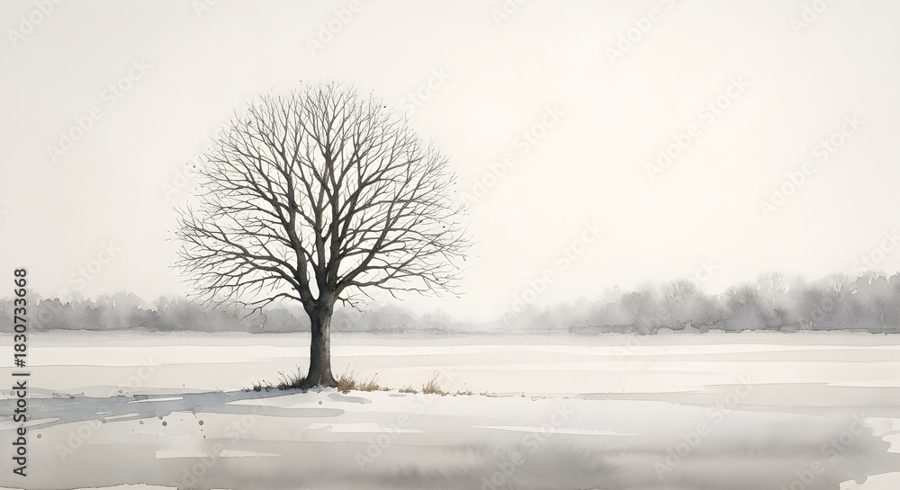 Fototapeta premium Solitary tree snowy winter landscape watercolour painting
