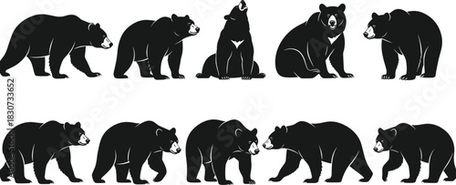 Black Bear Silhouette Vector Set with Various Poses for Wilderness, Nature, Wildlife, National Park, Camping, and Outdoor Logo Design.