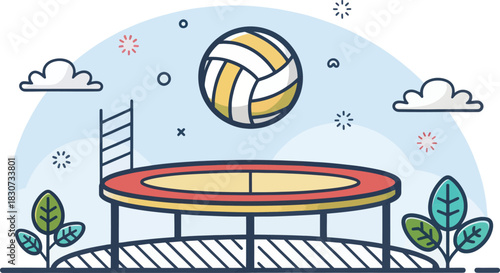 Bossaball players in action on a volleyball trampoline court