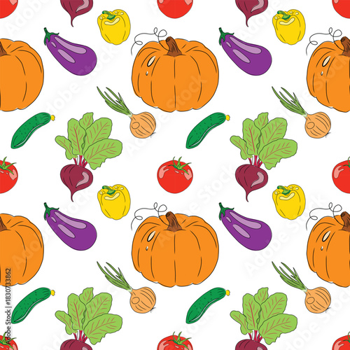 Seamless pattern with colorful hand-drawn vegetables