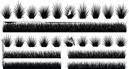 Black Grass and Bush Silhouettes Vector Set for Garden, Meadow, Nature, Lawn, Landscaping, and Graphic Design Border and Background Elements.