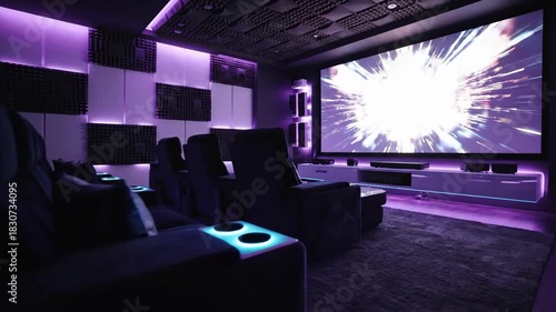 Luxury Home Theater Interior Design with Ambient Purple Lighting and Modern Entertainment System