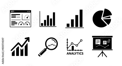 Modern Flat Design Icons Representing Data Visualization, Statistics, and Growth Charts