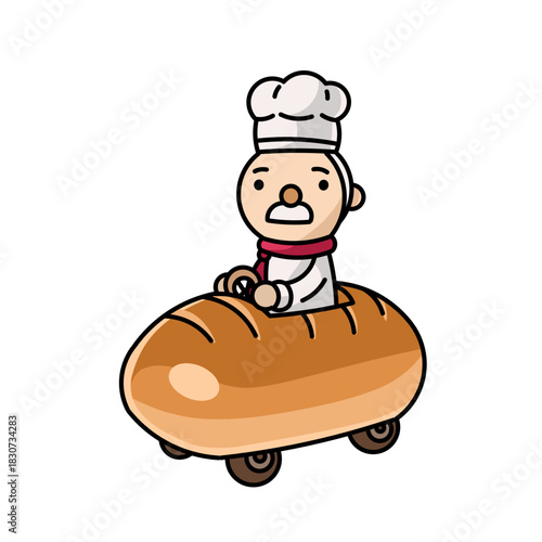 Funny chef riding a giant bread loaf like a car.