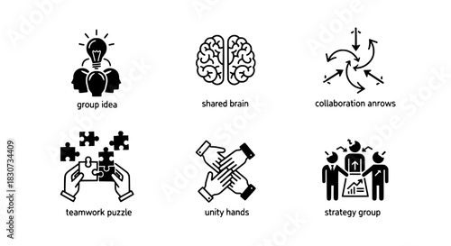 Diverse vector icons representing teamwork, strategic planning, creative thinking, and business collaboration solutions