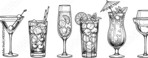 Hand Drawn Alcoholic Cocktail Drinks Collection, Engraving Sketch Style Set, Vintage Bar Menu Art, Refreshing Beverages in Various Glasses Vector Illustration, Party Drink Outline.