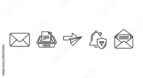 Streamlined vector email and communication icons with security alerts for digital interfaces