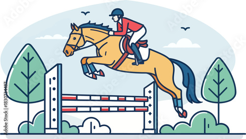 Equestrian Athlete Riding Horse Over Obstacle In Sports Event