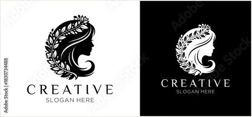 Elegant silhouette of a woman's profile adorned with laurel leaves, creative logo design.