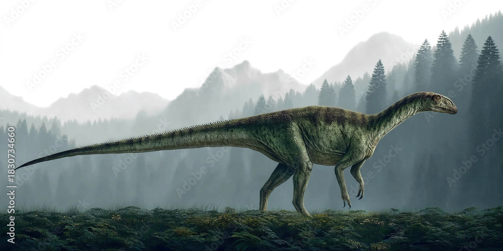Fototapeta premium Liellinosaurus roams a prehistoric landscape with forests and mountains in the distance