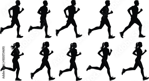 WebBlack Silhouette Running People Set: Dynamic Male and Female Runners in Motion, Athletic Group Running Together for Fitness, Sports, and Healthy Lifestyle Vector Illustration.