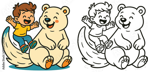 Cute Cartoon Boy Sliding on Giant Polar Bear Tail Vector Illustration with Black and White Outline for Coloring Book Page