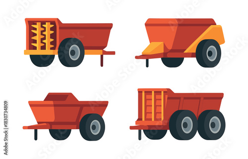 Farm trailer collection, flat vector illustration, agricultural machinery design