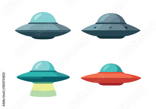 Ufo spaceship designs, alien craft, flying saucers, flat vector illustration