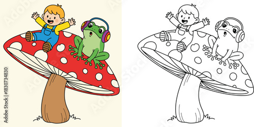 Funny Cartoon Boy and Frog Wearing Headphones on Giant Mushroom Vector Illustration with Black and White Outline for Coloring Book Page
