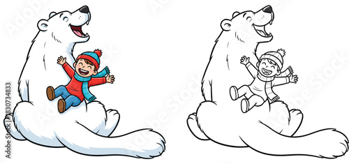 Cute Cartoon Boy Sliding on Happy Polar Bear Back Vector Illustration with Black and White Outline for Coloring Book Page